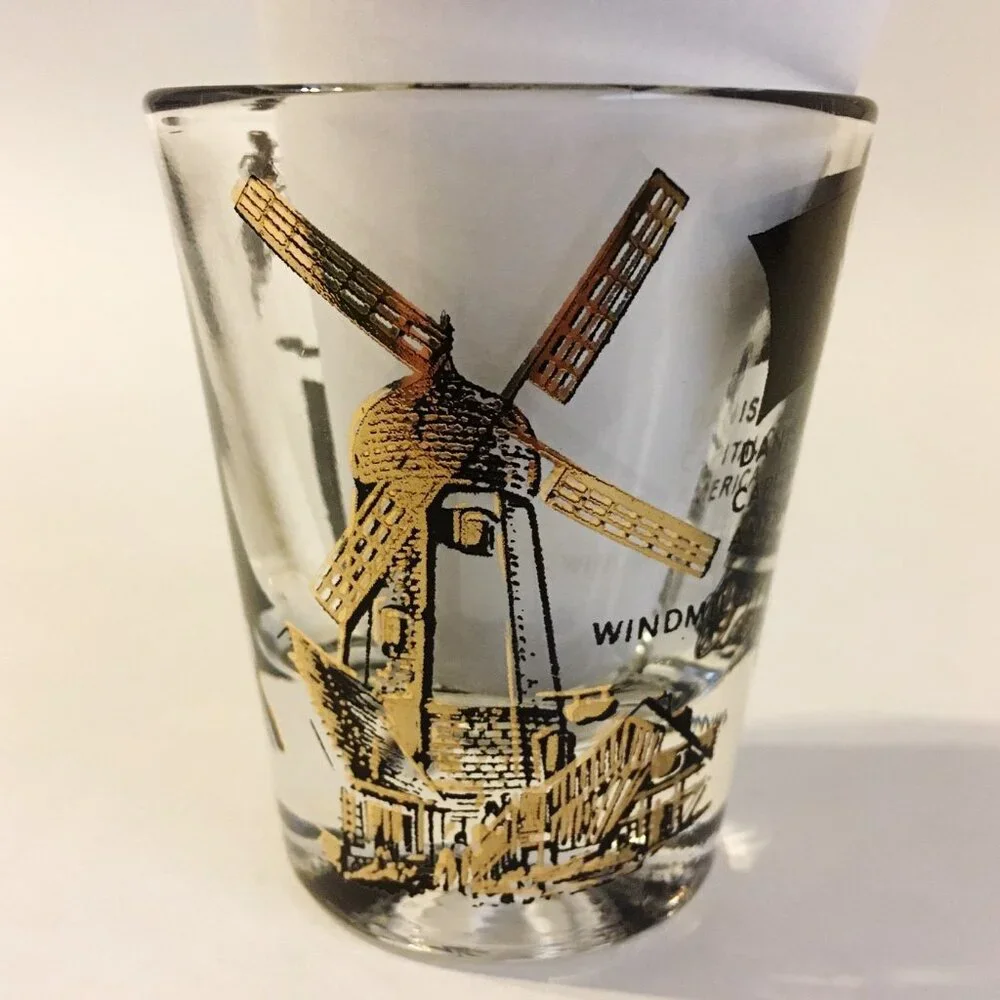 Shot Glass Solvang California Danish Town Windmill Dancers Flag Collectible Bar